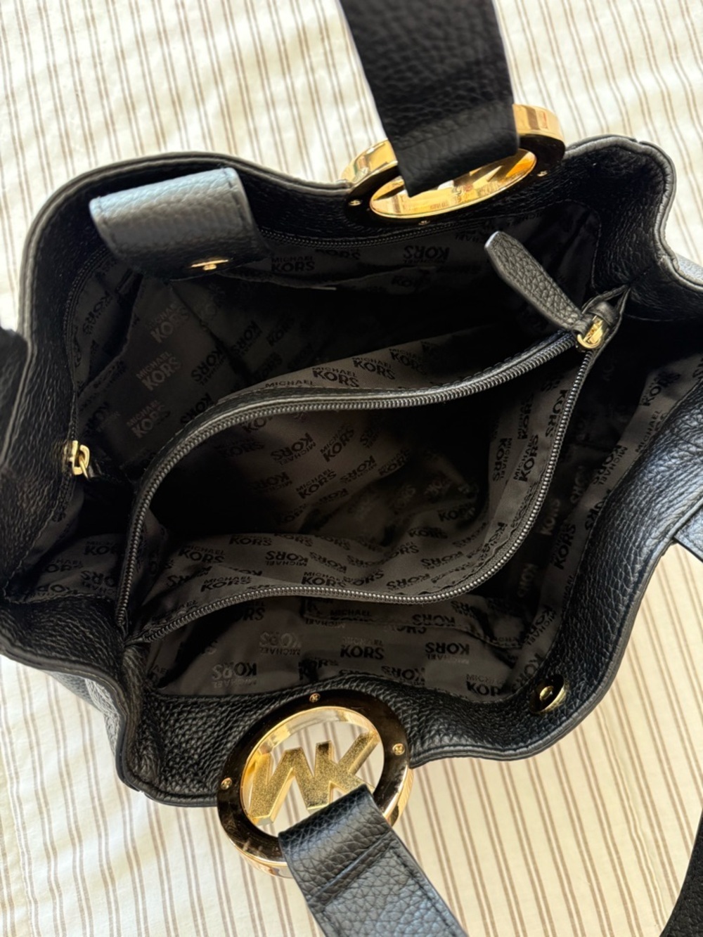 Michael Kors Black Leather Tote with Gold MK Logo Charm - Picture 6 of 13